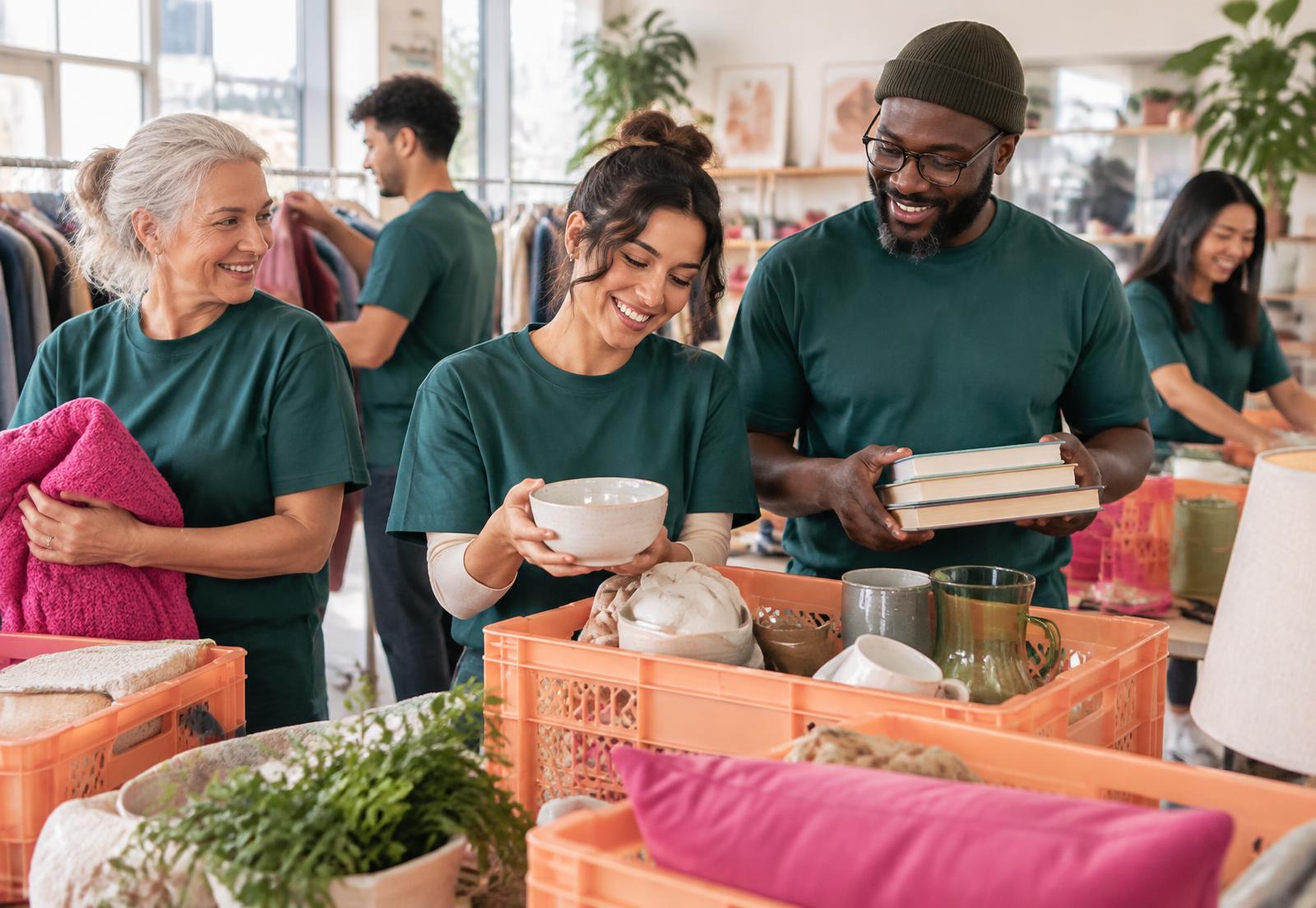 Diverse volunteers sorting home goods for community impact