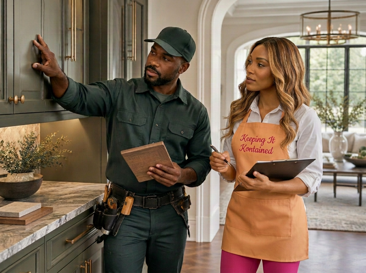 Organizer and contractor reviewing cabinetry